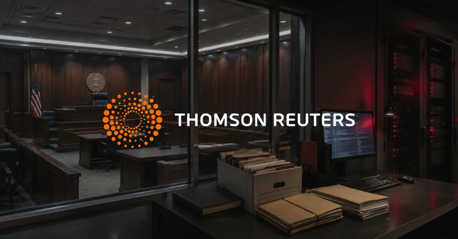 Imagem editorial de Segurança da Informação para Vazamento no sistema C-Track da Thomson Reuters expõe dados sigilosos de tribunais nos EUA e Canadá